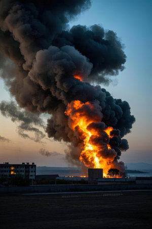 A huge black smoke from the chimney of an industrial building at sunsetの素材