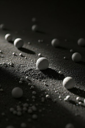 Spheres in the sand on a dark background. Selective focus.の素材