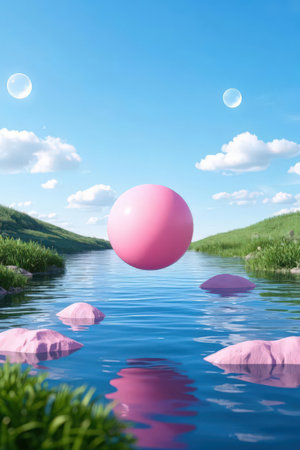 Pink ball floating in the water on a background of green grass and blue skyの素材