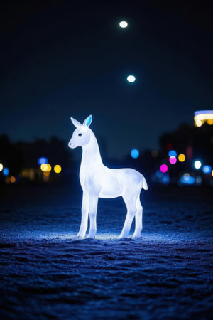 White donkey standing on a street at night in the lights of the cityの素材