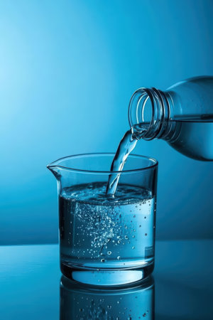 Pouring water into a glass on a blue background close-upの素材