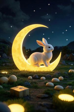 Cute white rabbit in the moonlight. 3D rendering.の素材