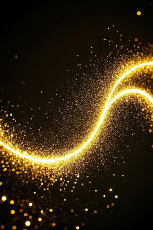 Glowing golden lines with sparkles on black background. 3d renderingの素材