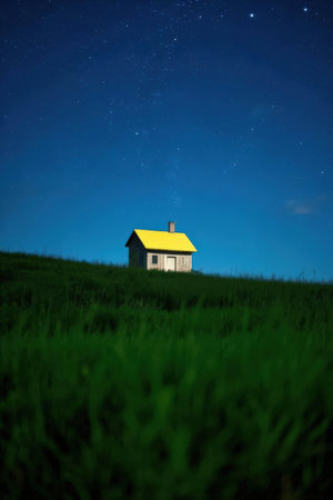 House in the field under the starry sky. Long exposure.の素材