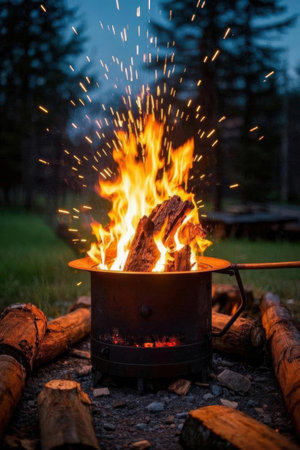 Cooking in a cauldron on a campfire at night.の素材