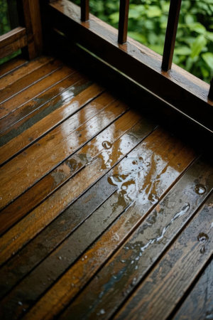 Rain drops on wooden stairs in rain forest. Rainy day.の素材