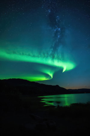 Aurora borealis, northern lights, over lake in Norwayの素材