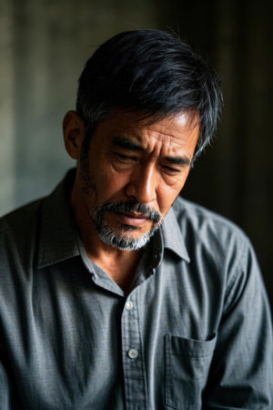 Portrait of a senior man with gray hair and beard in depressionの素材