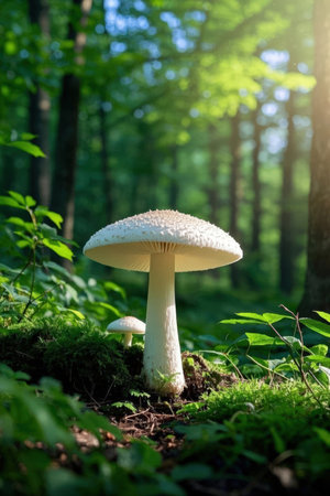 Amanita muscaria mushroom growing in the forest in sunlight.の素材