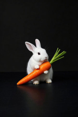 Cute white rabbit with carrot on black background. Studio shot.の素材