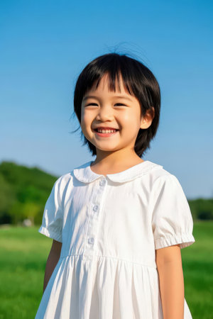 cute asian little girl smiling in the park with blue skyの素材