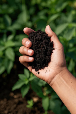 Woman hand holding soil in the garden, selective focus, nature backgroundの素材
