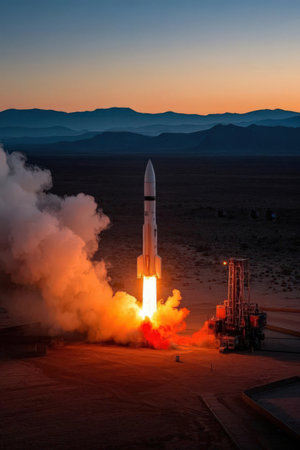 Rocket launch into the sky at sunset in the Mojave Desert.の素材