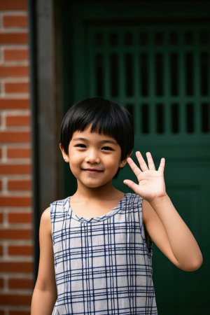 Portrait of asian little girl smiling and showing ok hand signの素材