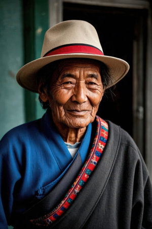 Portrait of a Nepali old woman wearing a hat in Kathmandu in the morningの素材