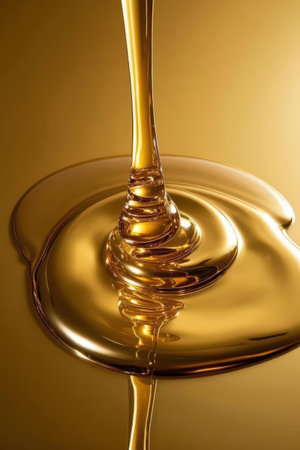 Honey dripping from a honey dipper, isolated on yellow backgroundの素材