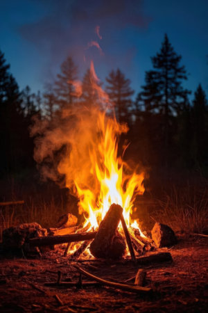 Bonfire in the forest at night. Camping in the woodsの素材