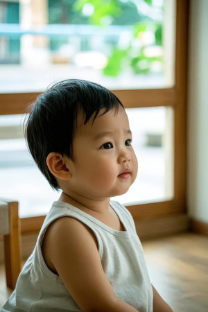 Portrait of a cute asian baby boy looking out the windowの素材