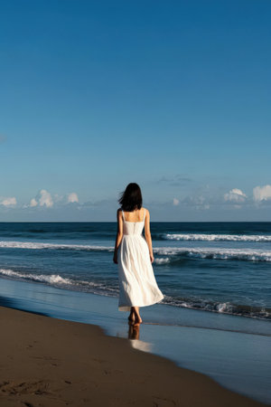 View of a beautiful woman in white dress walking on the beach.の素材