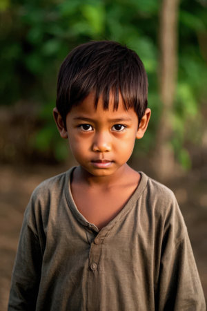 Portrait of a young asian boy in the countryside, Thailand.の素材