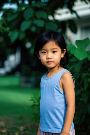 Portrait of little asian girl standing in the park outdoor.の素材