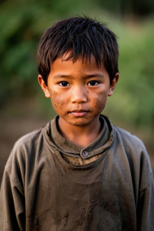 Portrait of a young boy with dirty face in the countryside.の素材