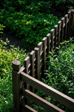 Wooden fence in the garden with lush greenery in the backgroundの素材