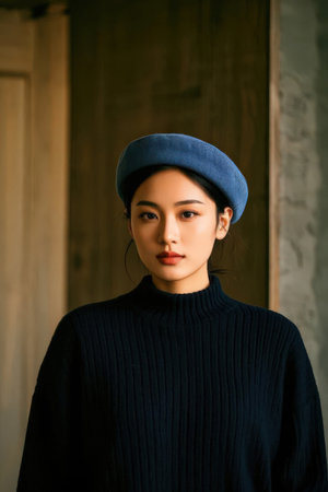 Portrait of a beautiful young asian woman in blue sweater and beretの素材
