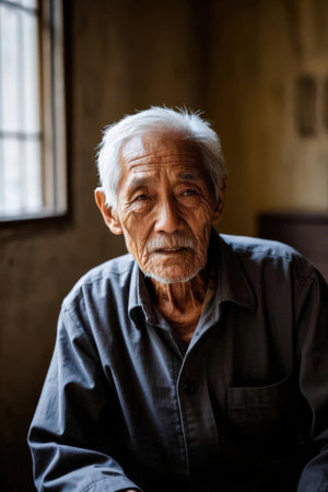 Portrait of an old man sitting in a chair in an old houseの素材