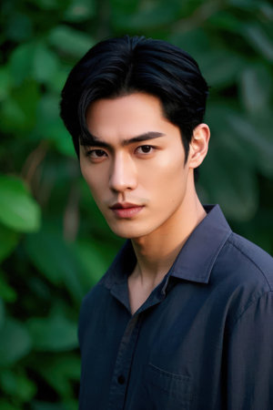 Portrait of a young handsome asian man in black shirt.の素材