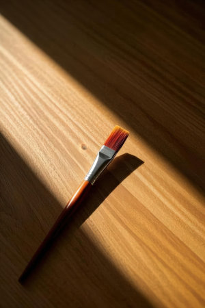Paintbrush on a wooden table with a shadow on the wallの素材