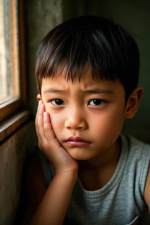 Portrait of asian boy looking at camera with sad expression.の素材
