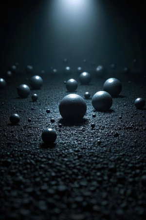Black and white balls on the floor in the dark. Abstract backgroundの素材