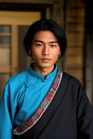 Portrait of a young handsome asian man wearing traditional costume.の素材
