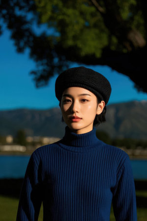 Portrait of a beautiful young asian woman in blue sweater and black hatの素材