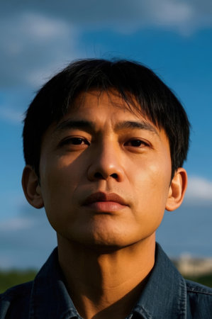 Close up portrait of a young asian man with blue sky backgroundの素材