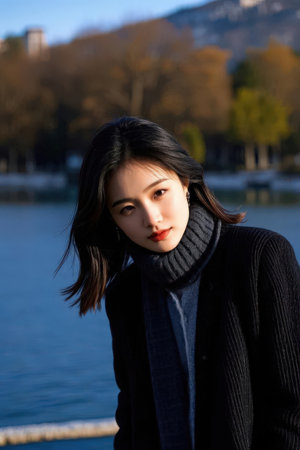 Portrait of a beautiful young asian woman outdoors in winter.の素材