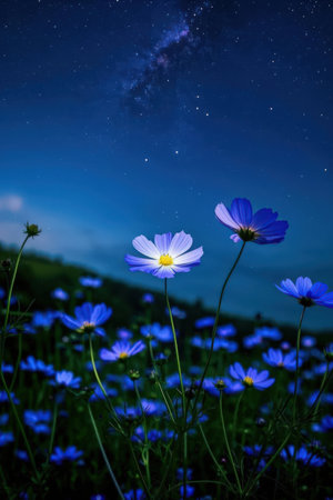 Cosmos flowers and starry sky at night. Cosmos flowers and starry skyの素材