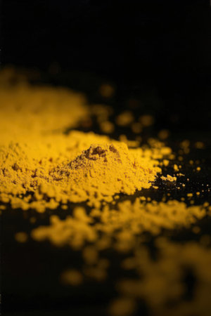 Turmeric powder on a black background. Close up. Selective focus.の素材