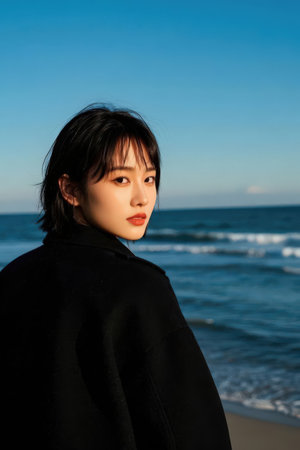 Beautiful asian woman in black coat standing on the beach.の素材