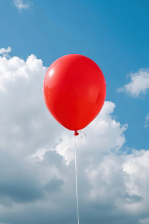 Red balloon on blue sky with white clouds background. Copy space.の素材