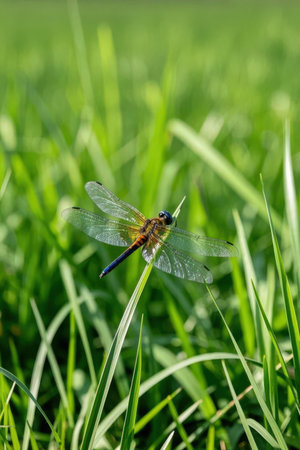 Dragonfly on a green grass in a sunny day. Close-upの素材