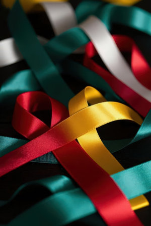Colored ribbons on black background, closeup. Celebration conceptの素材