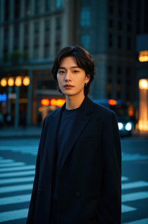 portrait of a handsome young asian man in the city at nightの素材