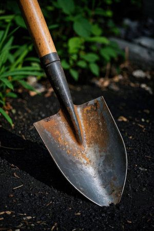 Shovel on the ground in the garden, close up.の素材