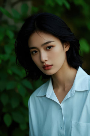 Portrait of a beautiful asian woman in white shirt on green backgroundの素材