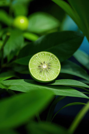 Lime slices on green leaves background. Selective focus with shallow depth of field.の素材