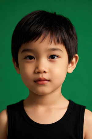Portrait of a cute asian little boy on green background.の素材