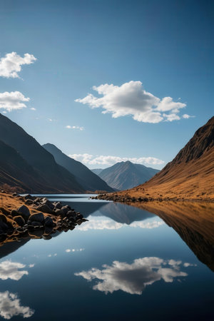 Mountain lake with reflection of clouds and blue sky in autumn seasonの素材