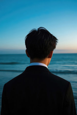 Back view of a young businessman standing on the beach at sunset.の素材